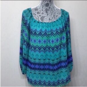 Chaus Women’s Green and Purple Chevron Long Sleeve Blouse M